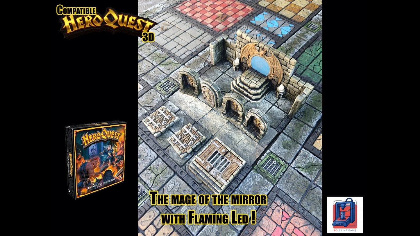 plateau HeroQuest avec le kit complet 3D The Mage of the Mirror intégrant le miroir magique, les portes elfes et les trappes