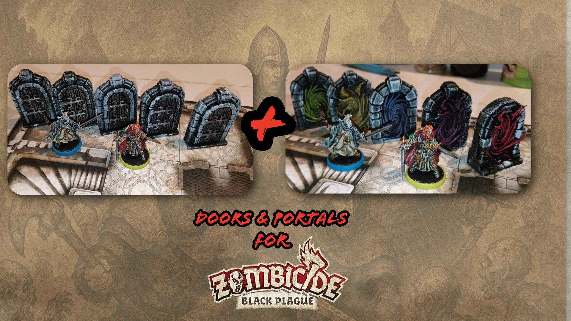 5 Doors + 5 Spawn Portals Set for Zombicide Black Plague – Lot de 5 Portes + 5 Portails de Spawn Compatible Zombicide Black Plague - 3Dpaint Game