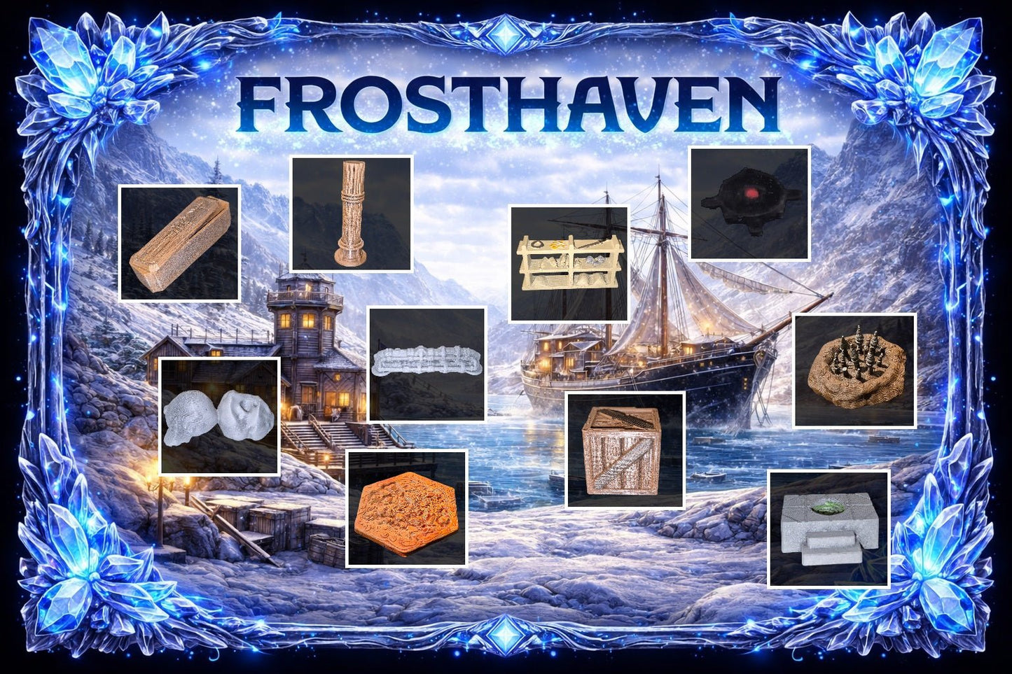 Détail des accessoires 3D pour Frosthaven comprenant coffres, stèles, autels, pièges et éléments de mobilier