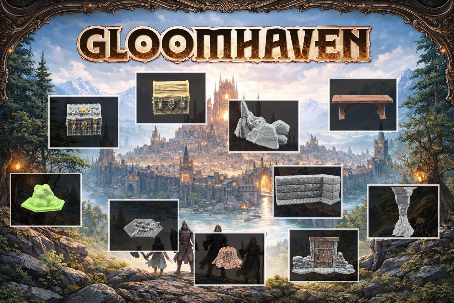 Détail d'éléments de décor 3D pour Gloomhaven comprenant coffres aux trésors, porte en bois, section de mur, table et colonne