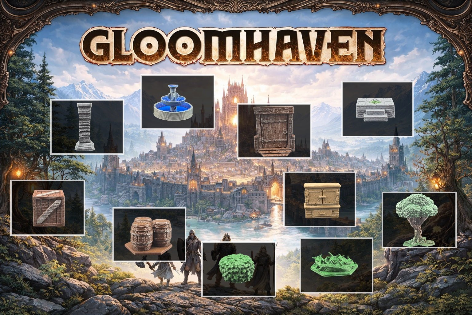 Aperçu des décors 3D pour Gloomhaven avec fontaine d'eau, arbres, autel, armoire, caisse et tonneaux en bois