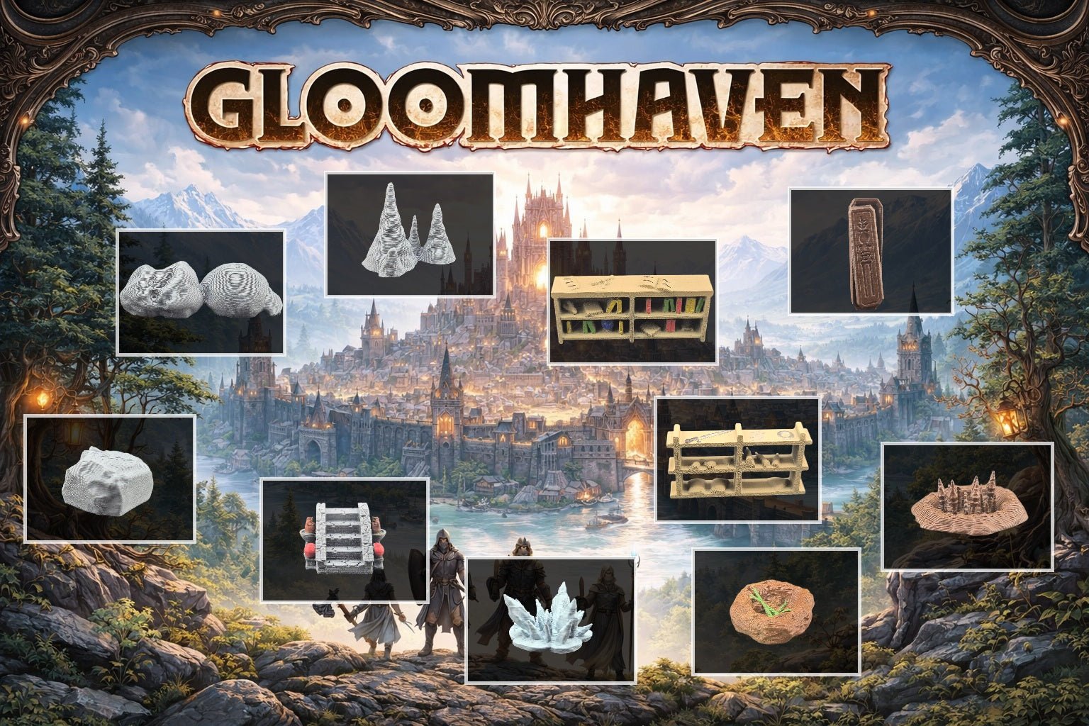 Aperçu d'accessoires 3D pour Gloomhaven avec étagères, cristaux, nids, stalagmites, rochers et escaliers