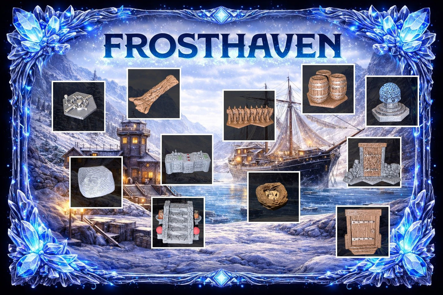 Sélection de mobilier 3D pour Frosthaven incluant tonneaux, portes en bois, escaliers, nids et éléments de décor