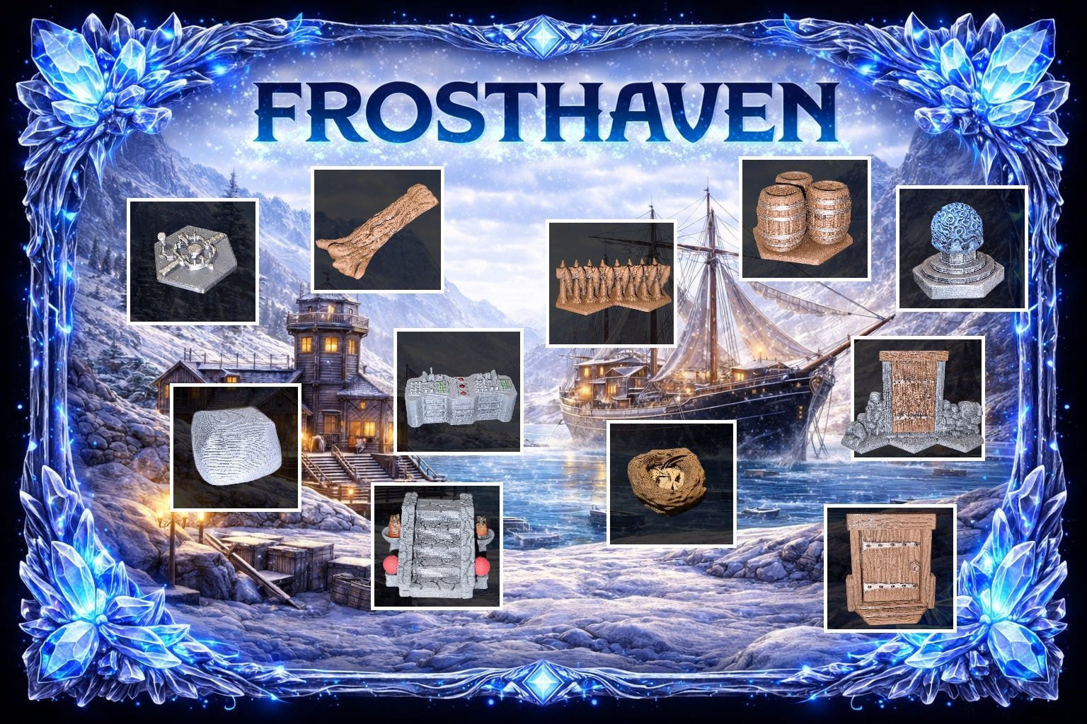 Sélection de mobilier 3D pour Frosthaven incluant tonneaux, portes en bois, escaliers, nids et éléments de décor