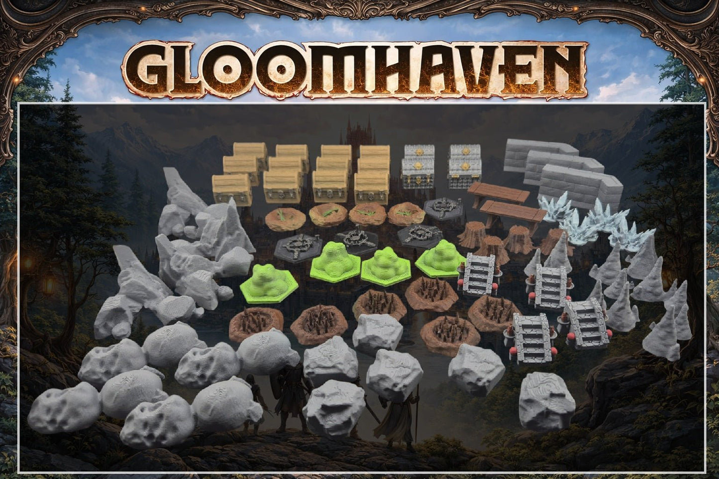 Ensemble complet de décors 3D pour Gloomhaven avec coffres, pièges à spikes, rochers, nids et escaliers