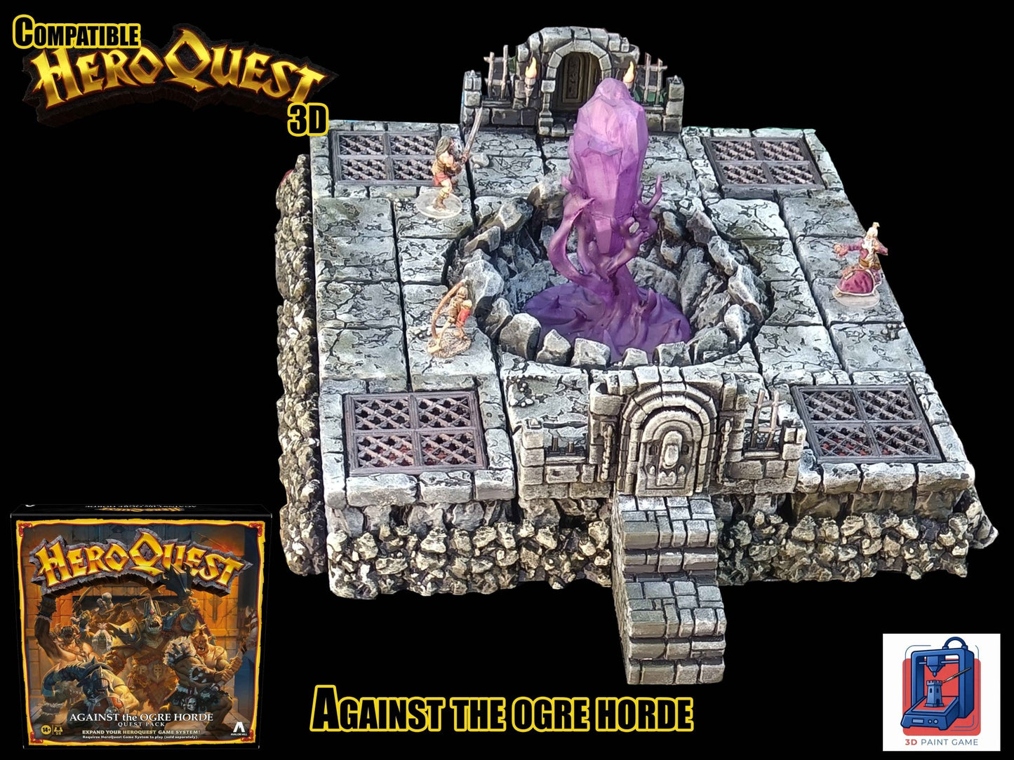 Arène en pierre 3D pour l'extension HeroQuest Against the Ogre Horde avec cristal violet central, grilles et escalier d'accès