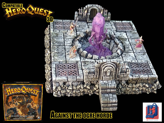 Arène en pierre 3D pour l'extension HeroQuest Against the Ogre Horde avec cristal violet central, grilles et escalier d'accès