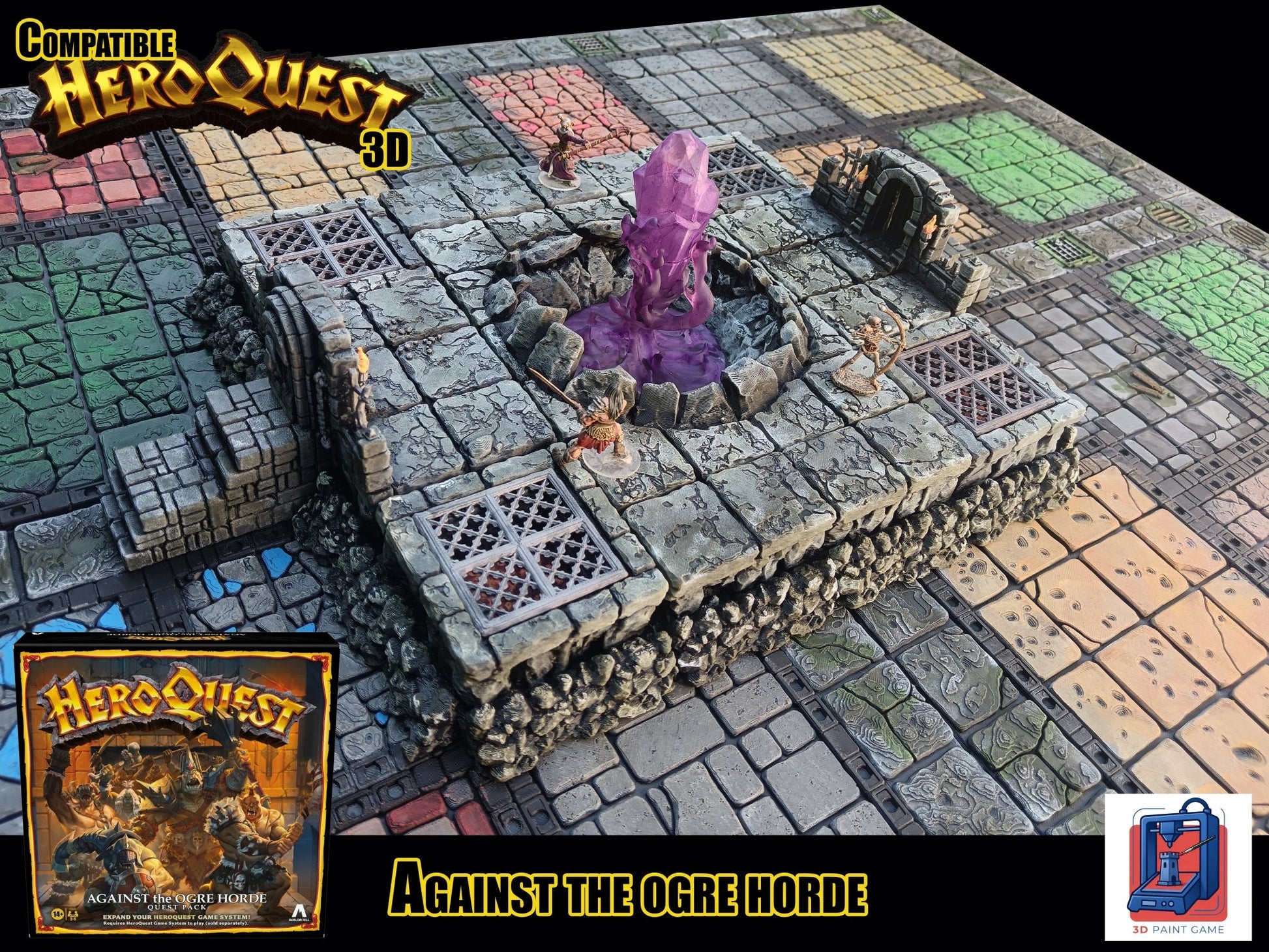 arène 3D Dread Cult installée sur le plateau HeroQuest Against the Ogre Horde avec cristal violet et figurines