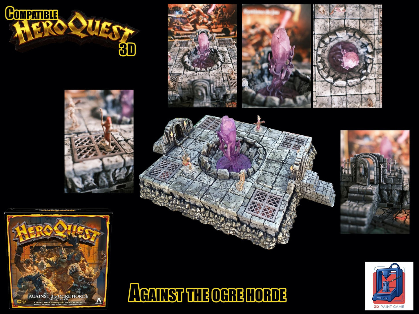 Vues détaillées de l'arène 3D Dread Cult pour HeroQuest avec gros plans sur le cristal violet, les portes et les grilles