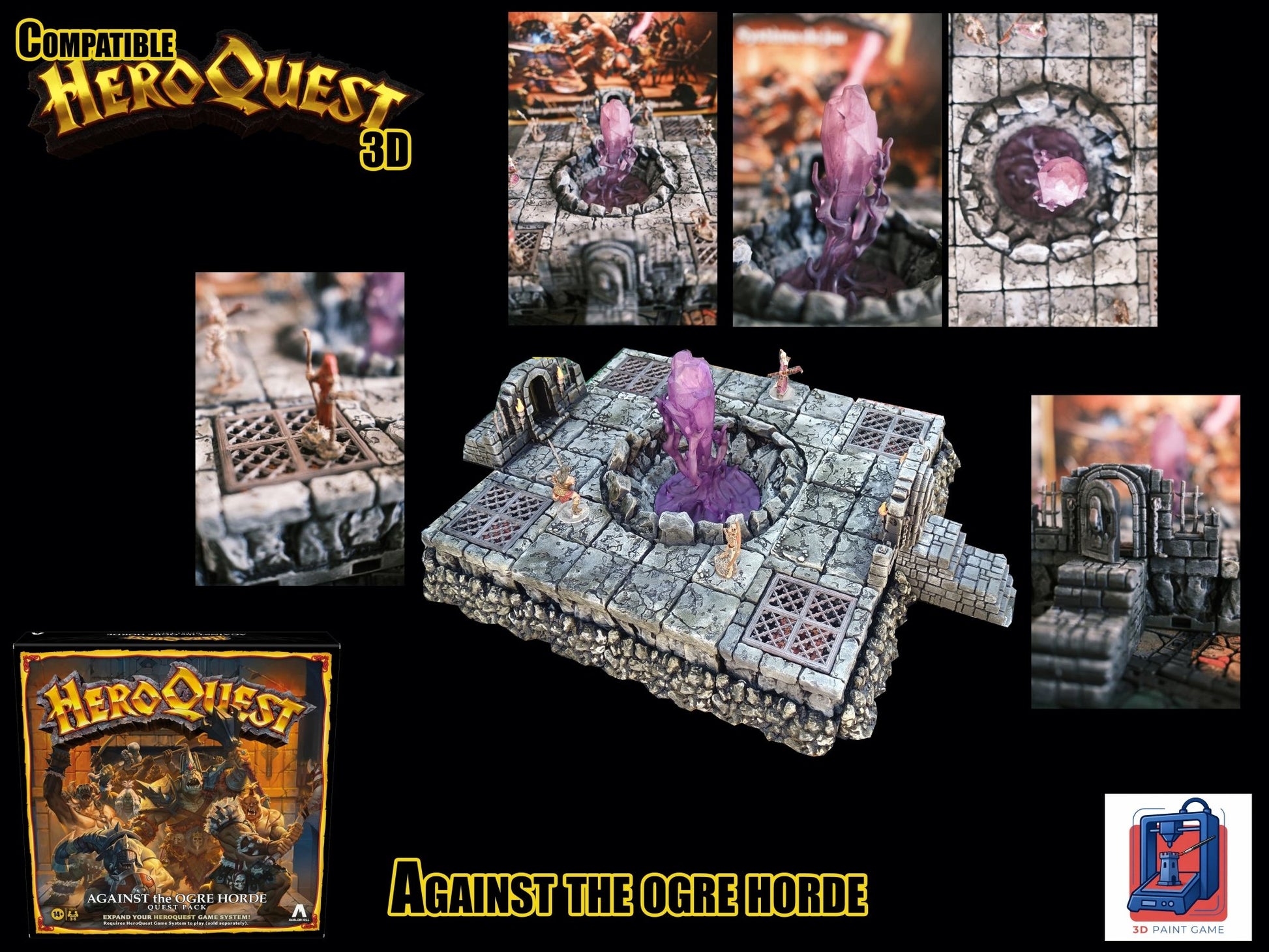 Vues détaillées de l'arène 3D Dread Cult pour HeroQuest avec gros plans sur le cristal violet, les portes et les grilles