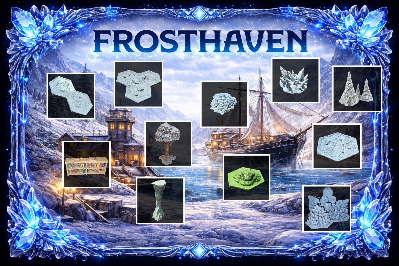 Aperçu des éléments de décor 3D pour Frosthaven incluant tuiles enneigées, arbres, stalagmites et étagères