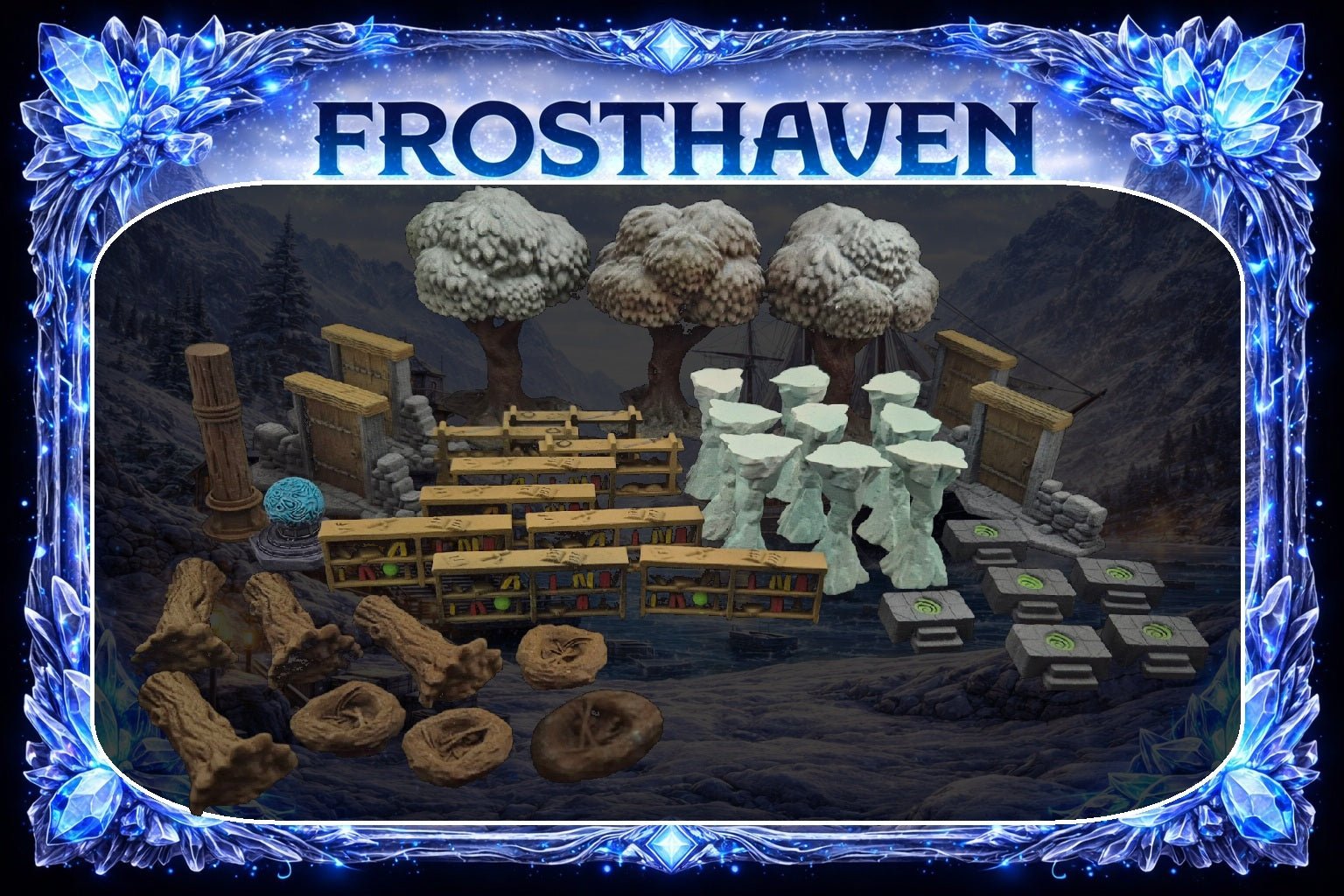 Set complet de décors 3D et obstacles imprimés pour Frosthaven avec arbres enneigés, stèles et étagères