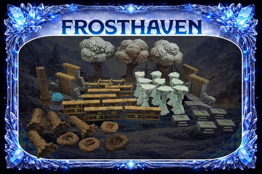 Set complet de décors 3D et obstacles imprimés pour Frosthaven avec arbres enneigés, stèles et étagères