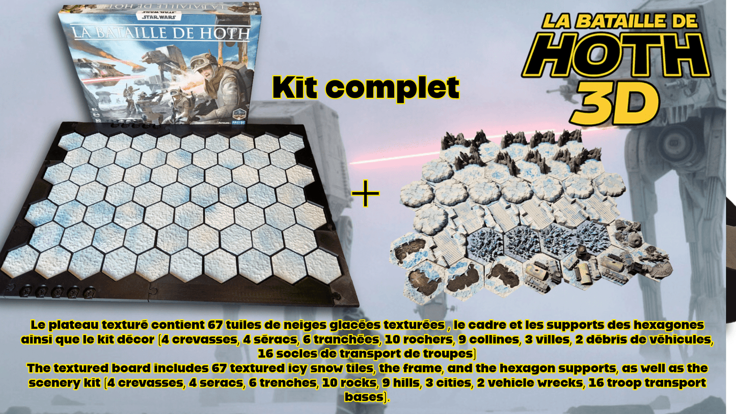Plateau 3D Hoth compatible jeu – Tuiles neige texturées | Extension plateau carton | Terrain wargame hexagonal 