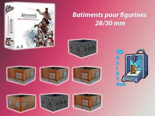Kit de Bâtiments 3D pour Jeu de Plateau – Compatible Assassin's Creed | 7 Décors Imprimés | Maisons, Prisons, Taverne 