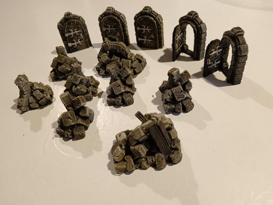 Kit Éboulis et Portes pour Plateau 3D HeroQuest – 6 Petits + 2 Grands Éboulis + 5 Portes – Impression 3D