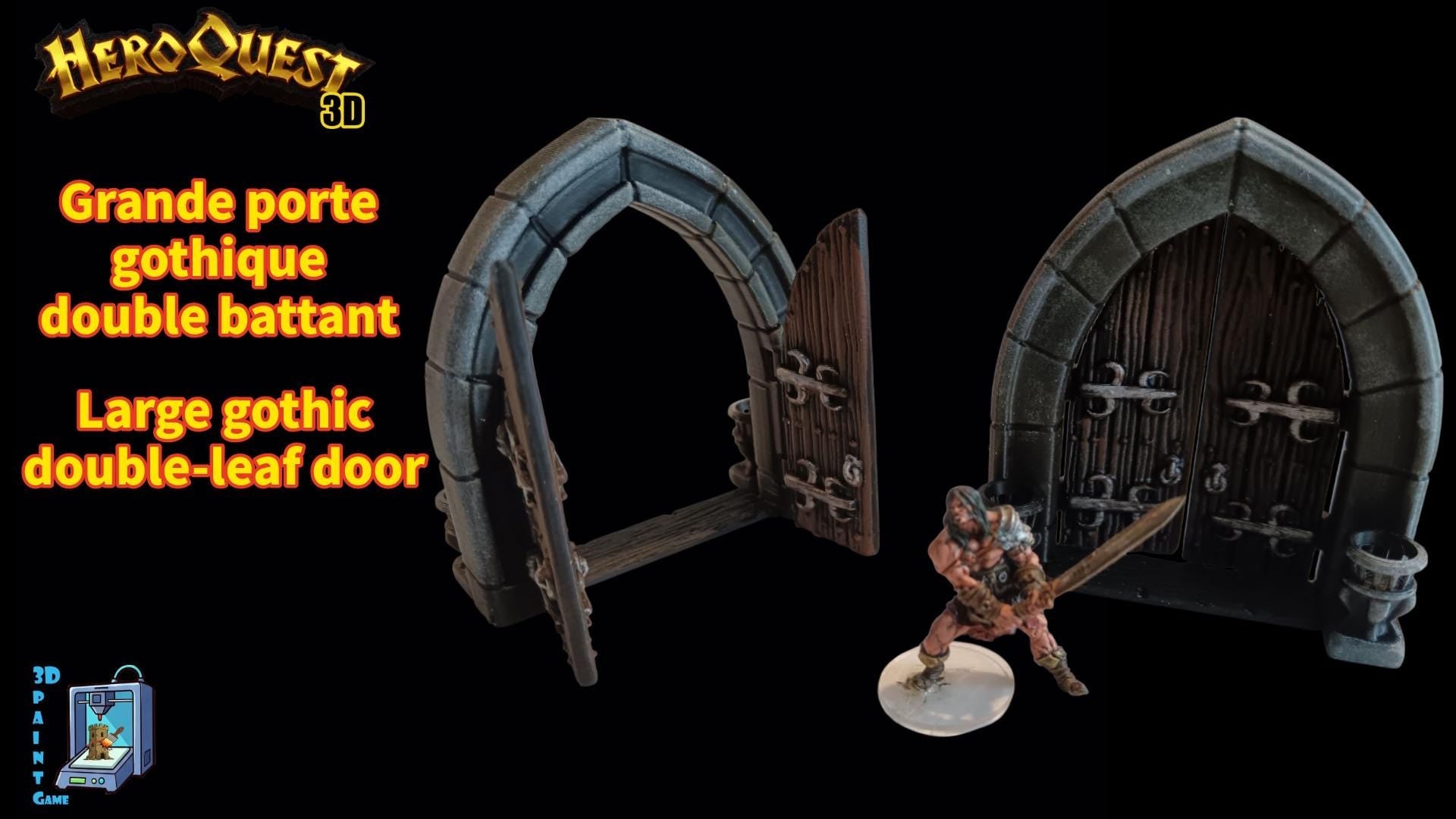 Lot de 2 portes gothiques double battant – Décor HeroQuest 3D - Décor de donjon 28 - 32mm (Copie) - 3Dpaint Game