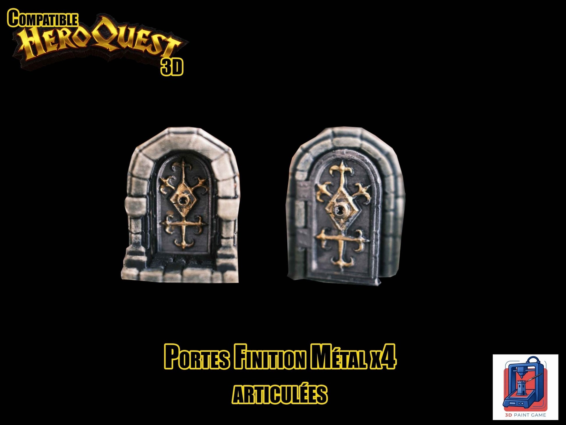 Lot de 4 Portes 3D articulées — Compatible HeroQuest — Finition métal & dorures - 3Dpaint Game