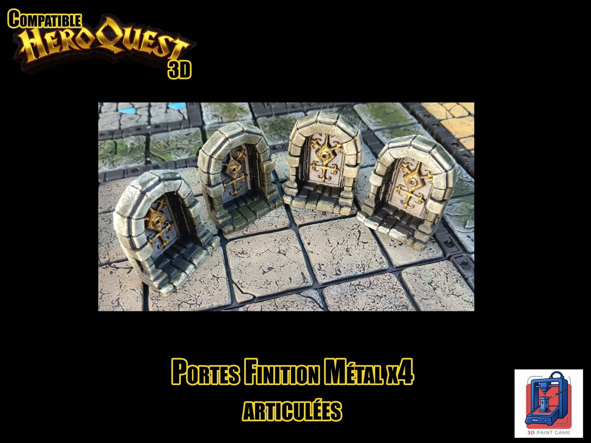 Lot de 4 Portes 3D articulées — Compatible HeroQuest — Finition métal & dorures - 3Dpaint Game