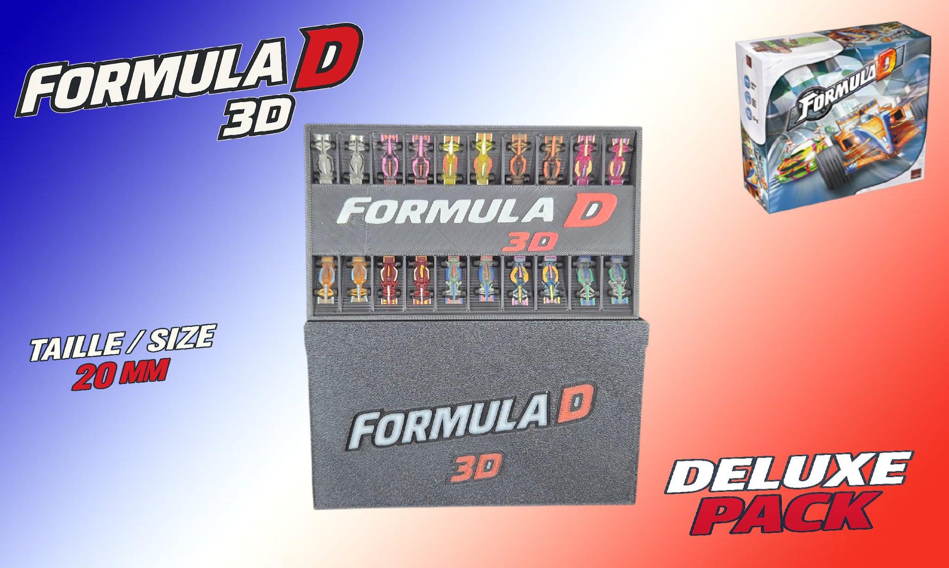 Boîte de rangement Deluxe contenant 20 voitures F1 miniatures de 20 mm personnalisées pour le jeu Formula D