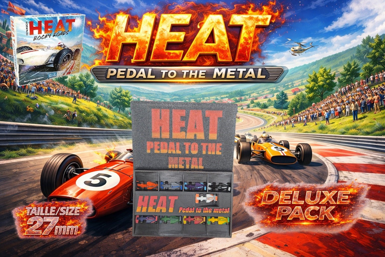 Pack Deluxe Heat Pedal to the Metal avec boîte de rangement et 9 voitures F1 miniatures 27mm