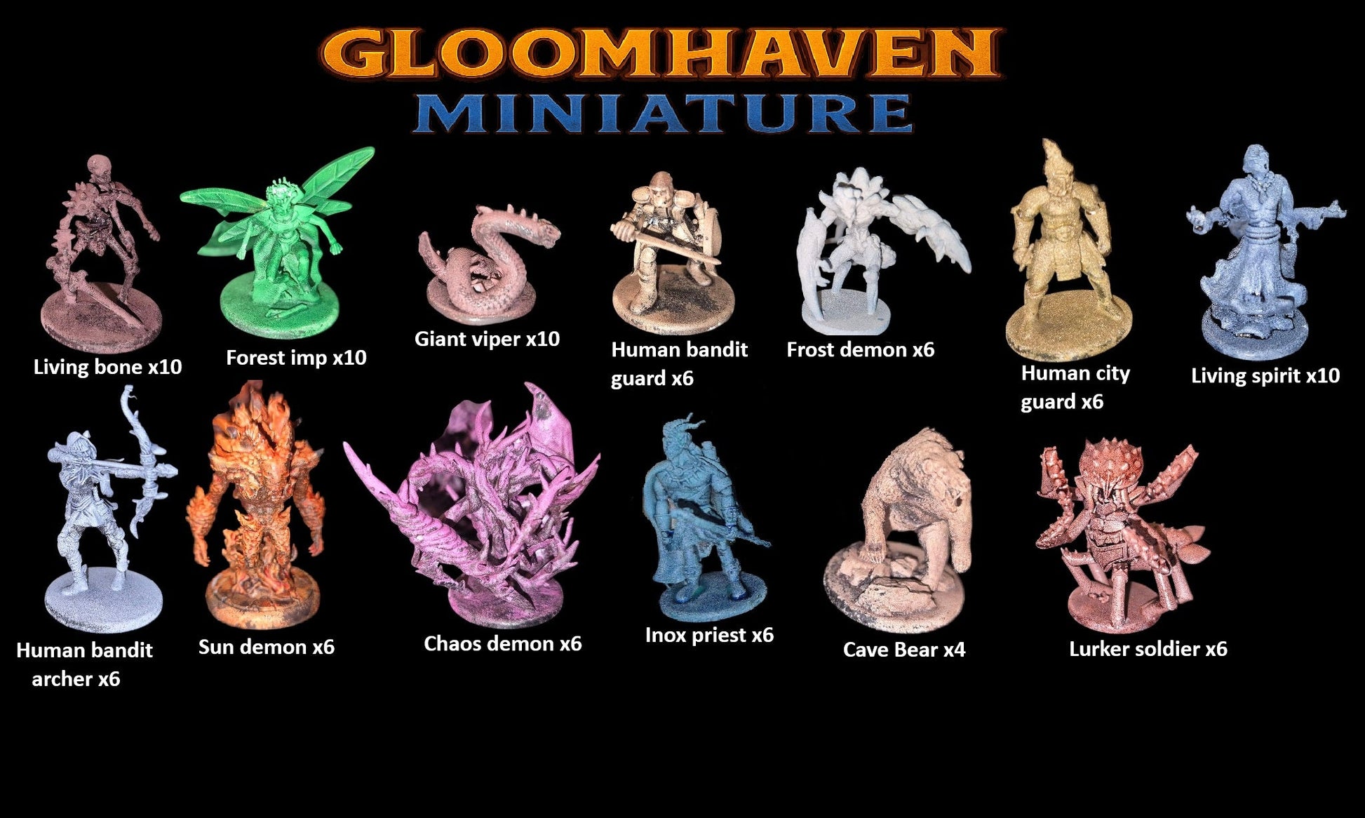 Collection de figurines imprimées 3D pour Gloomhaven incluant Living Bones, Forest Imp, Chaos Demon et Sun Demon