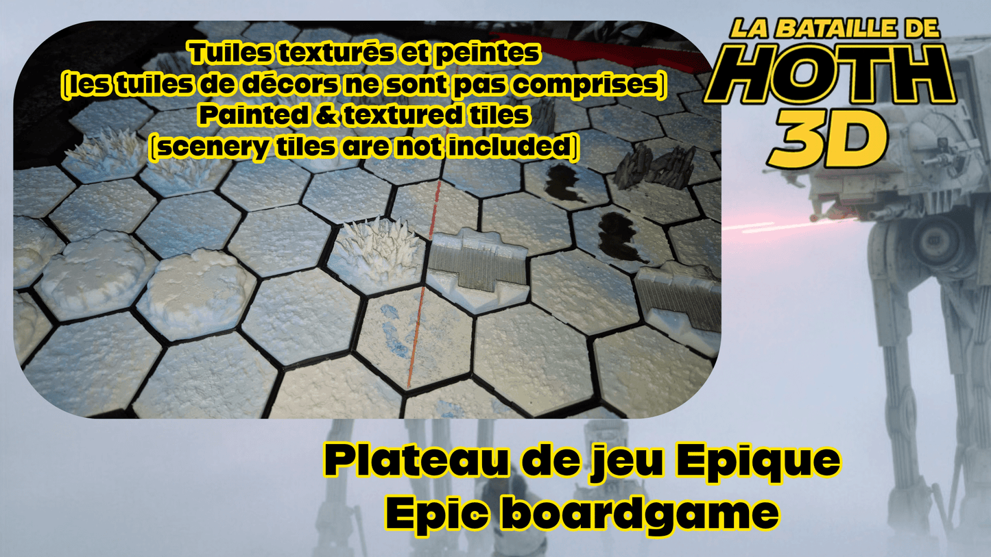 Plateau 3D Hoth compatible jeu – Tuiles neige texturées | Extension plateau carton | Terrain wargame hexagonal - 3Dpaint Game