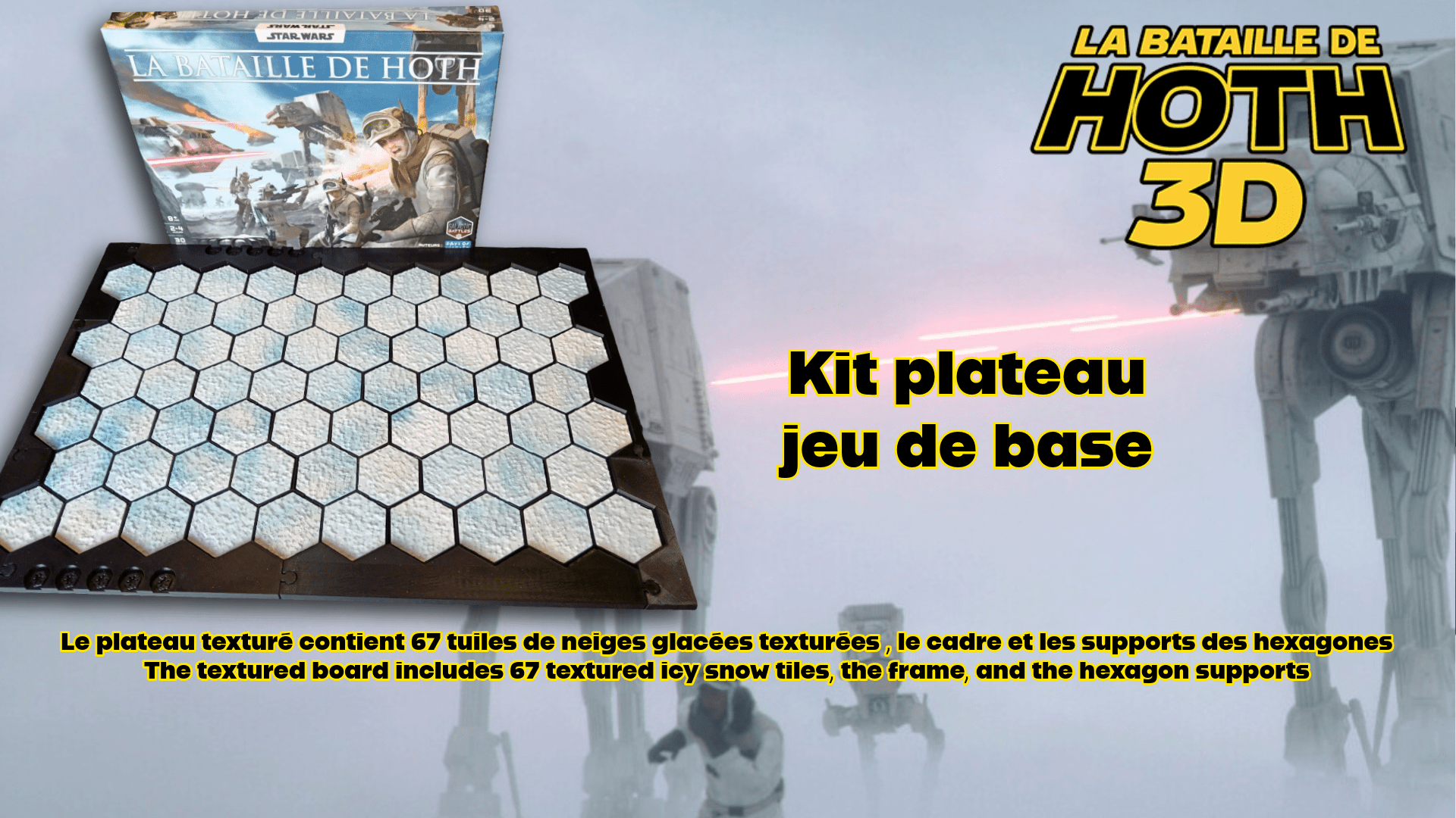Plateau 3D Hoth compatible jeu – Tuiles neige texturées | Extension plateau carton | Terrain wargame hexagonal 