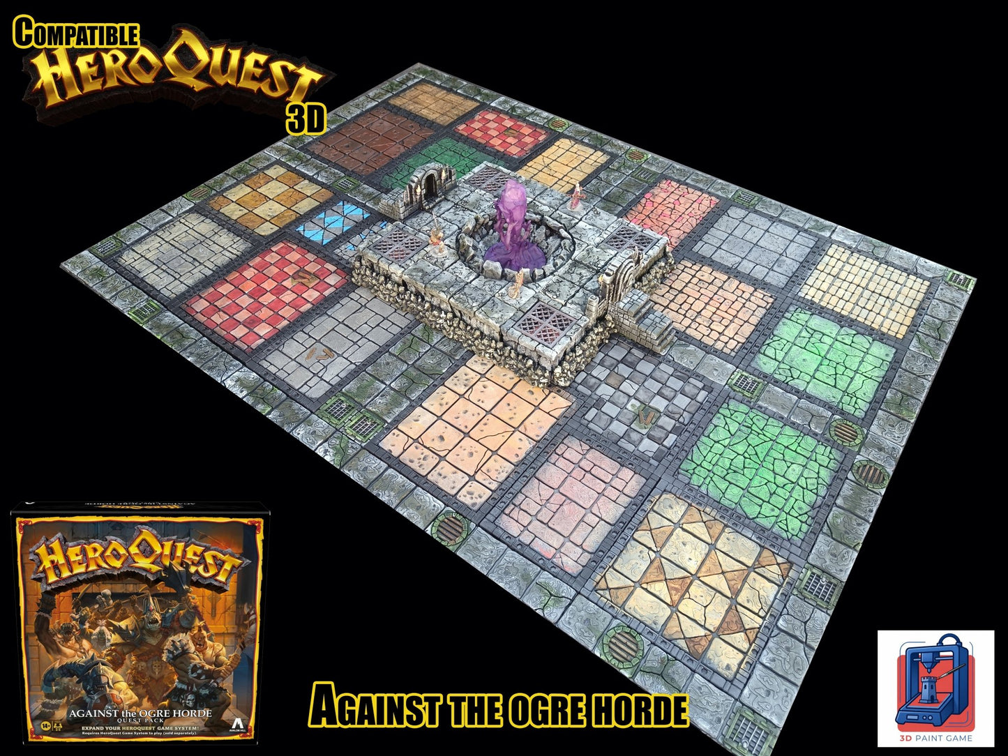 Vue d'ensemble du plateau de jeu HeroQuest complet en 3D avec l'arène centralisée Dread Cult pour Against the Ogre Horde