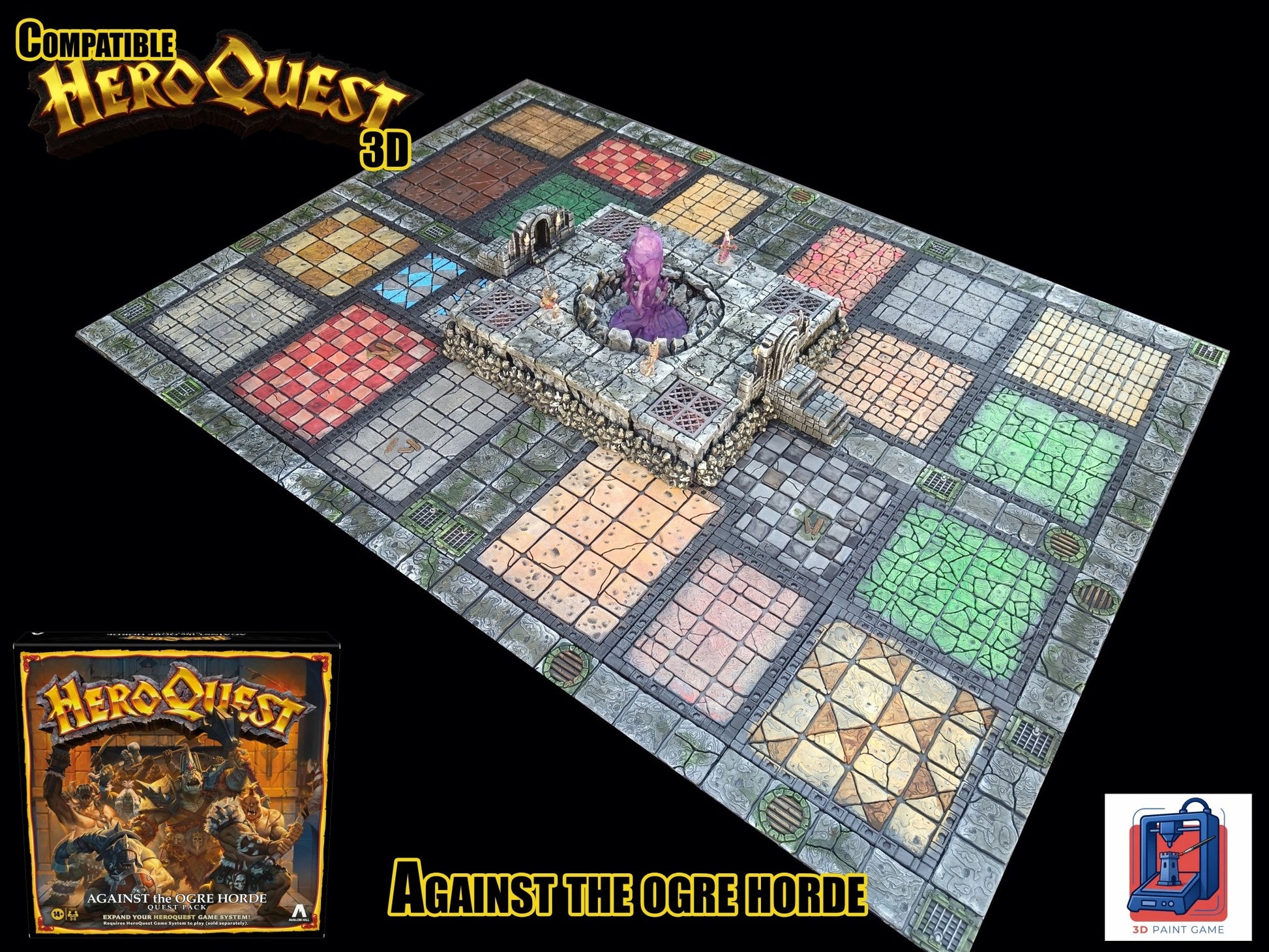 Vue d'ensemble du plateau de jeu HeroQuest complet en 3D avec l'arène centralisée Dread Cult pour Against the Ogre Horde