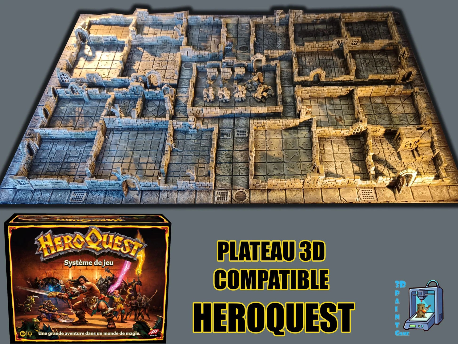 Plateau HeroQuest 3D imprimé et peint à la main avec murs magnétiques et portes– Accessoire HEROQUEST – Compatible figurines 28/30 mm - 3Dpaint Game