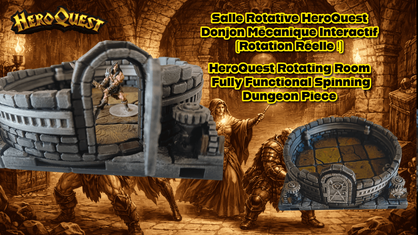 Salle rotative interactive 3D pour HeroQuest avec mécanisme d'engrenages et figurine de barbare à l'intérieur