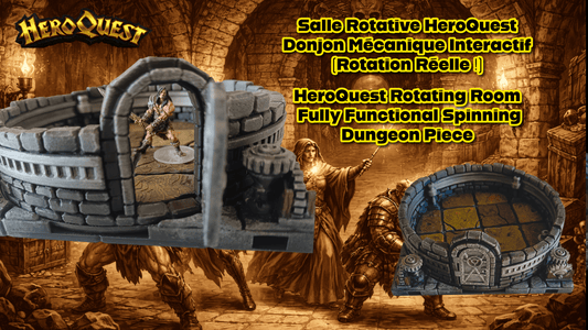 Salle rotative interactive 3D pour HeroQuest avec mécanisme d'engrenages et figurine de barbare à l'intérieur