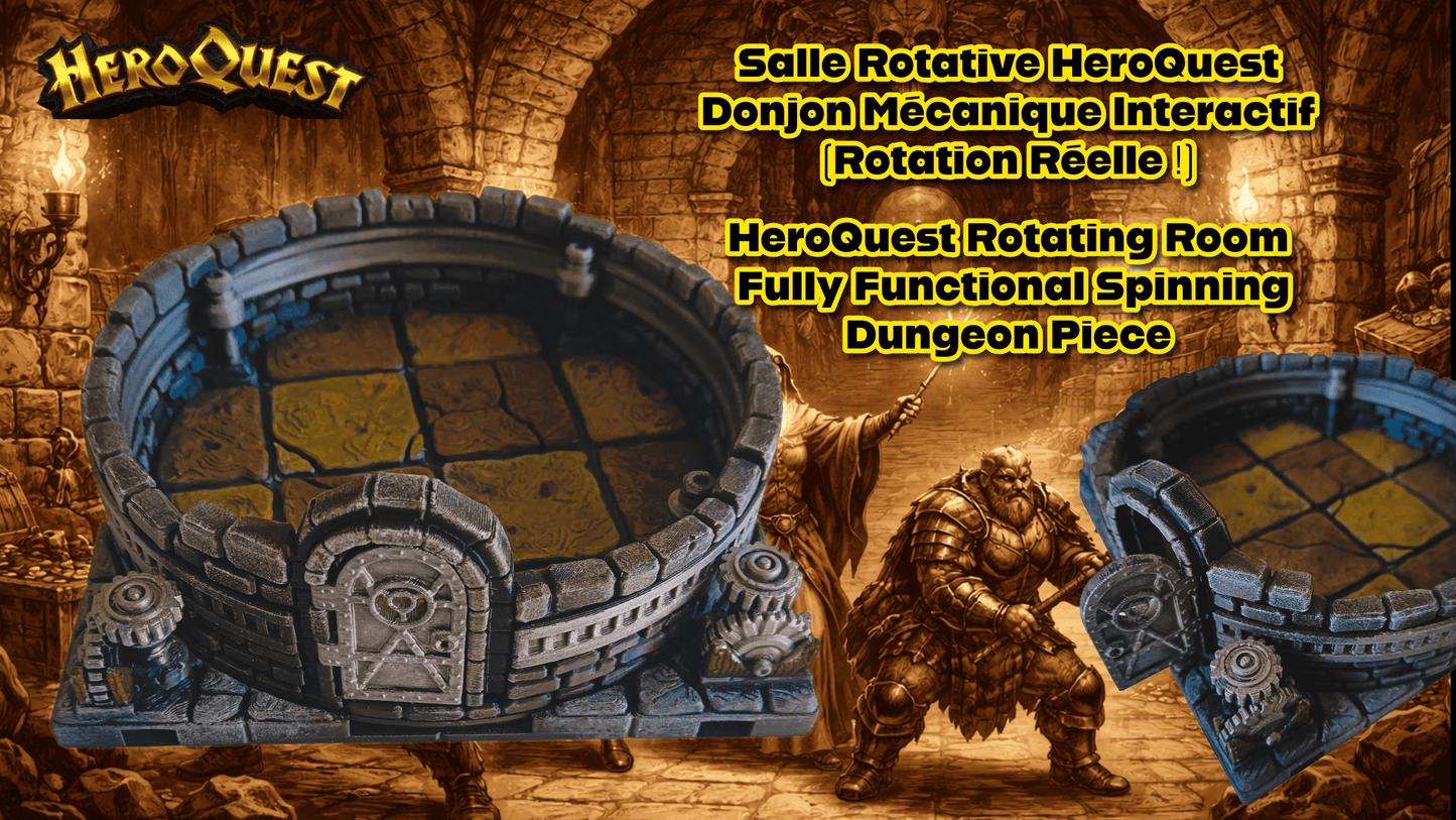 Salle rotative 3D pour HeroQuest montrant le sol dallé, la porte en pierre et les mécanismes d'engrenages fonctionnels