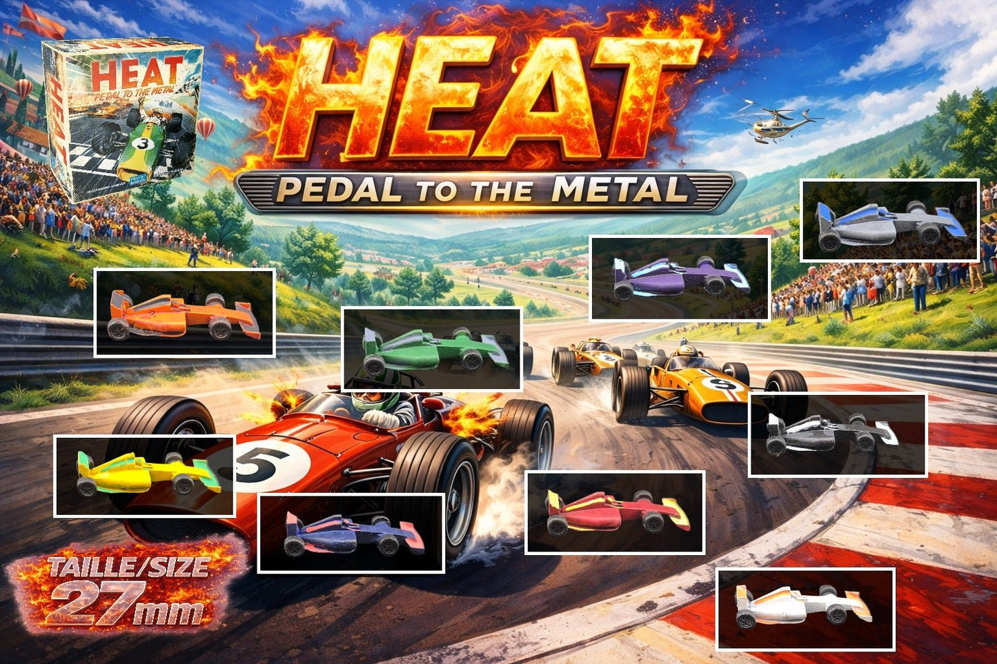 Set de 9 voitures F1 miniatures 27mm peintes pour le jeu de plateau Heat: Pedal to the Metal