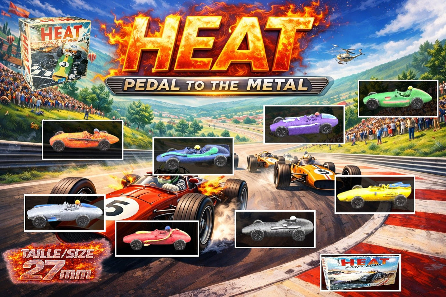 Set 9 voitures F1 pour Heat: Pedal to the Metal – Miniatures imprimées 3D peintes à la main – Accessoire jeu de société / board game
