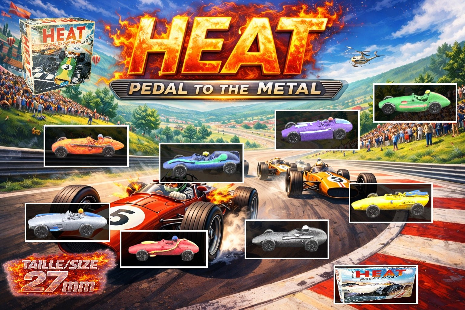 Set 9 voitures F1 pour Heat: Pedal to the Metal – Miniatures imprimées 3D peintes à la main – Accessoire jeu de société / board game
