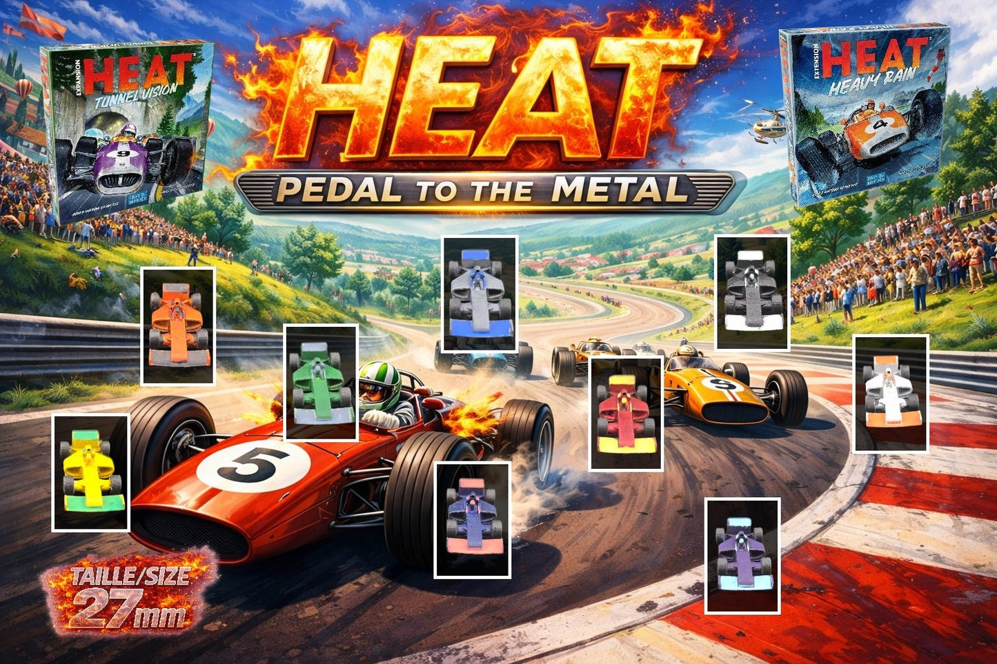 Set 9 voitures F1 pour Heat: Pedal to the Metal – Miniatures imprimées 3D peintes à la main – Accessoire jeu de société / board game
