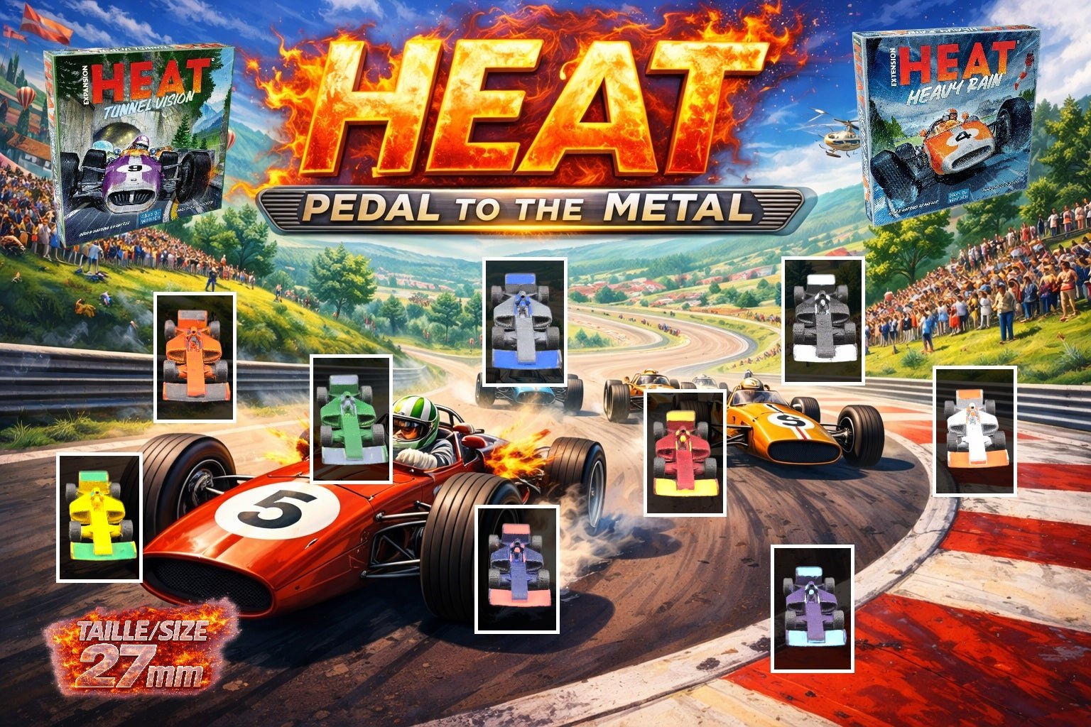 Set 9 voitures F1 pour Heat: Pedal to the Metal – Miniatures imprimées 3D peintes à la main – Accessoire jeu de société / board game