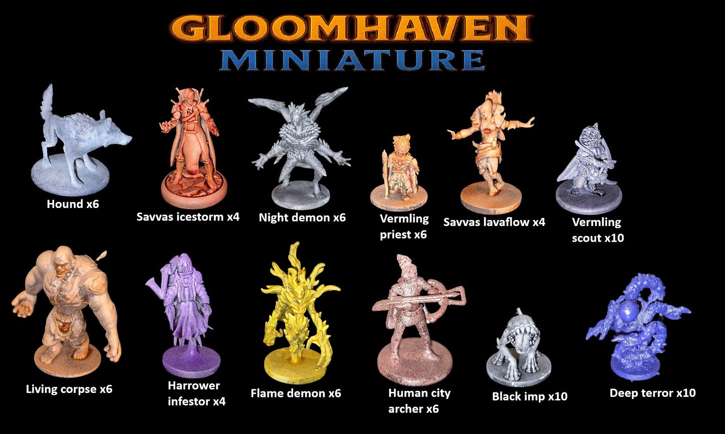 Sélection de figurines monstres imprimées 3D pour Gloomhaven avec Hound, Savvas, Night Demon et Vermling