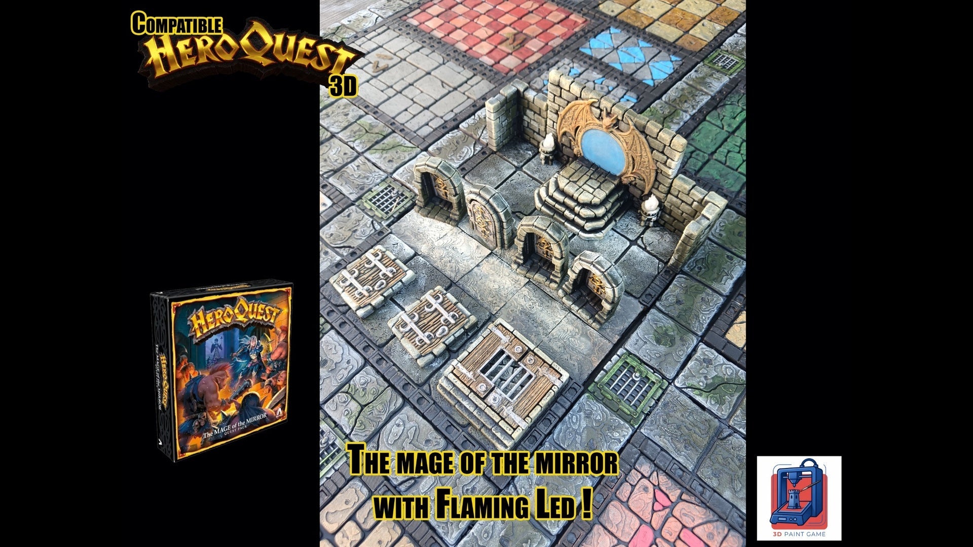 plateau HeroQuest avec le kit complet 3D The Mage of the Mirror intégrant le miroir magique, les portes elfes et les trappes