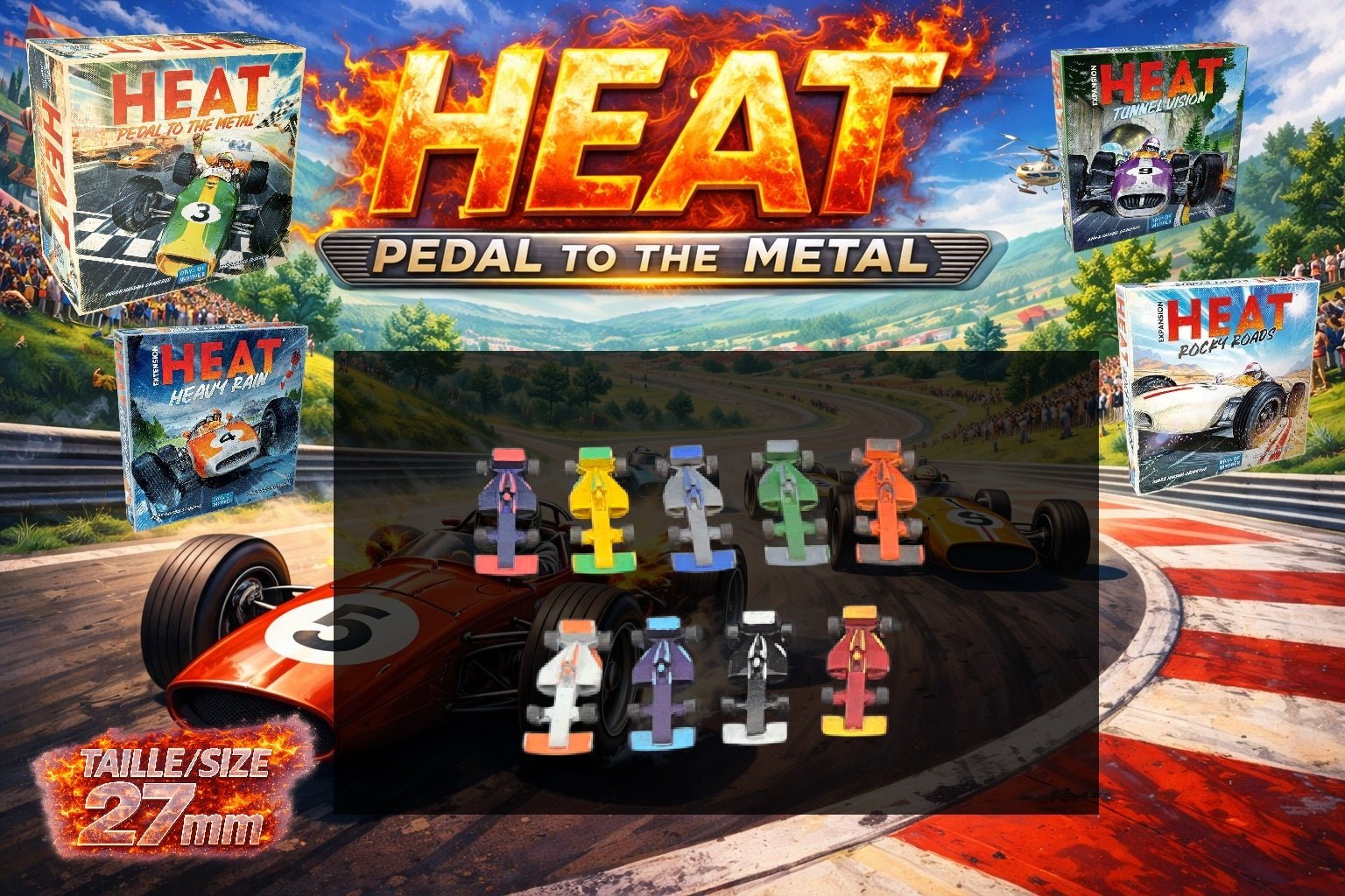 Set 9 voitures F1 pour Heat: Pedal to the Metal – Miniatures imprimées 3D peintes à la main – Accessoire jeu de société / board game